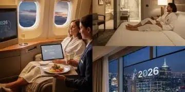 Luxury travel experiences from elite status in 2026, including first-class flight and premium hotel suite.