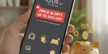 Smartphone showing a 2026 price drop alert notification with product icons and savings symbols.