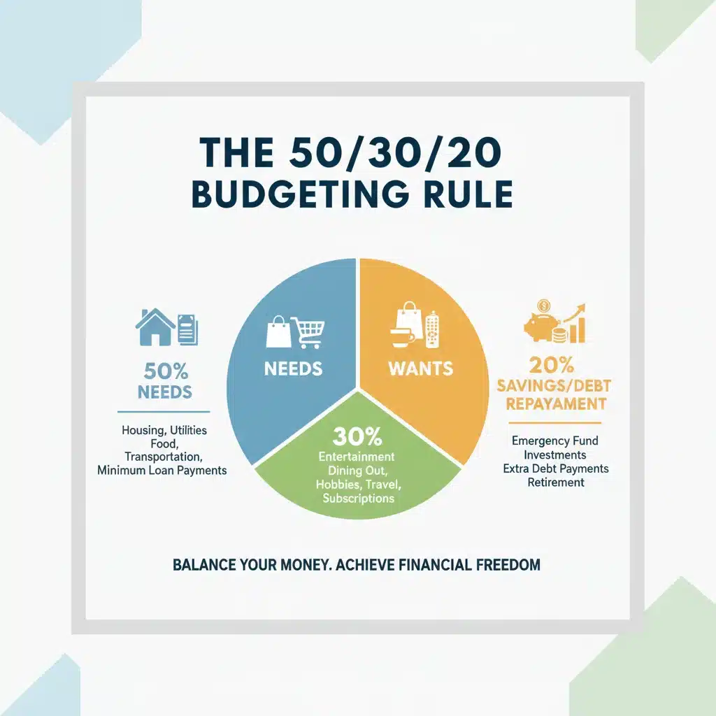 Infographic illustrating the 50/30/20 budgeting rule for financial allocation