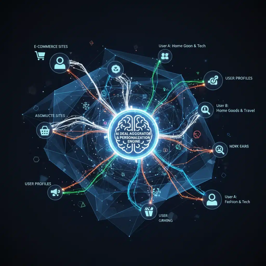 AI-driven deal aggregation and personalization algorithms with interconnected data points and e-commerce sites.