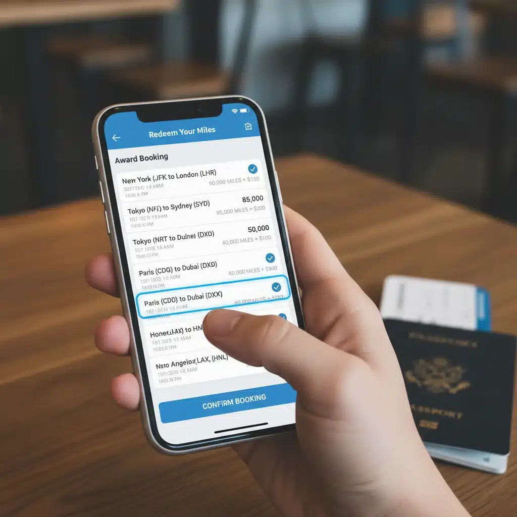 Mobile app showing airline award booking options and miles required