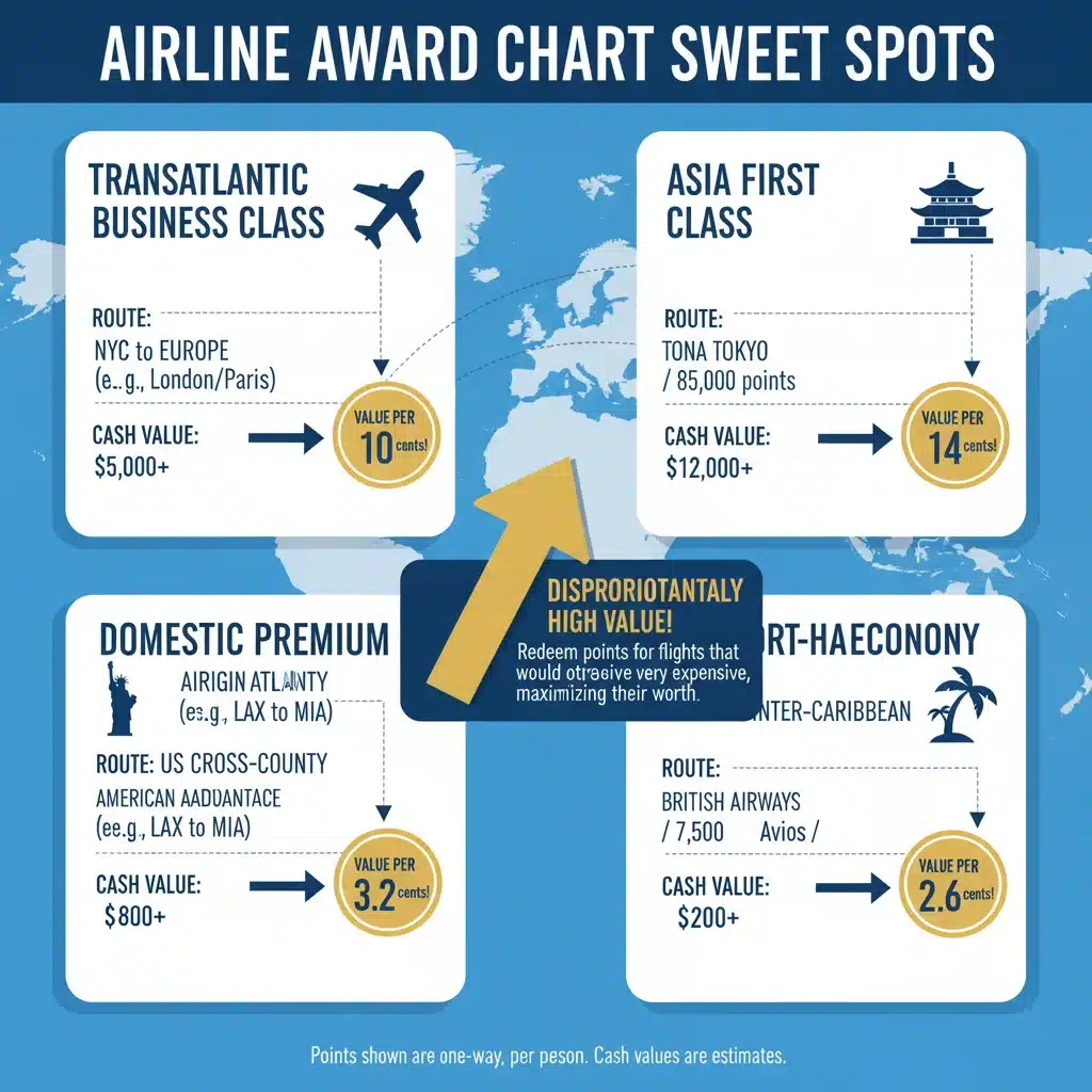 Infographic demonstrating airline award chart sweet spots for maximum value.