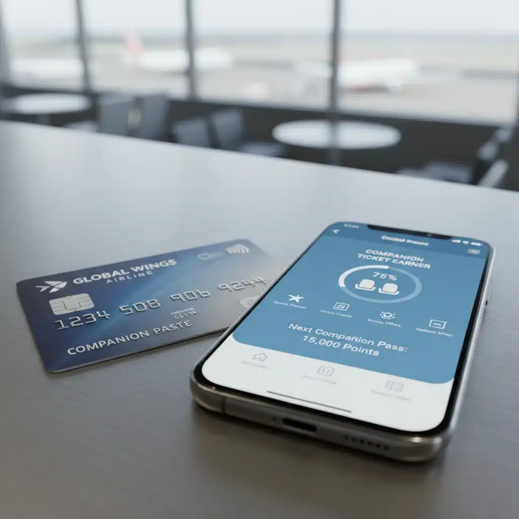 Airline branded credit card and travel rewards app for earning companion pass