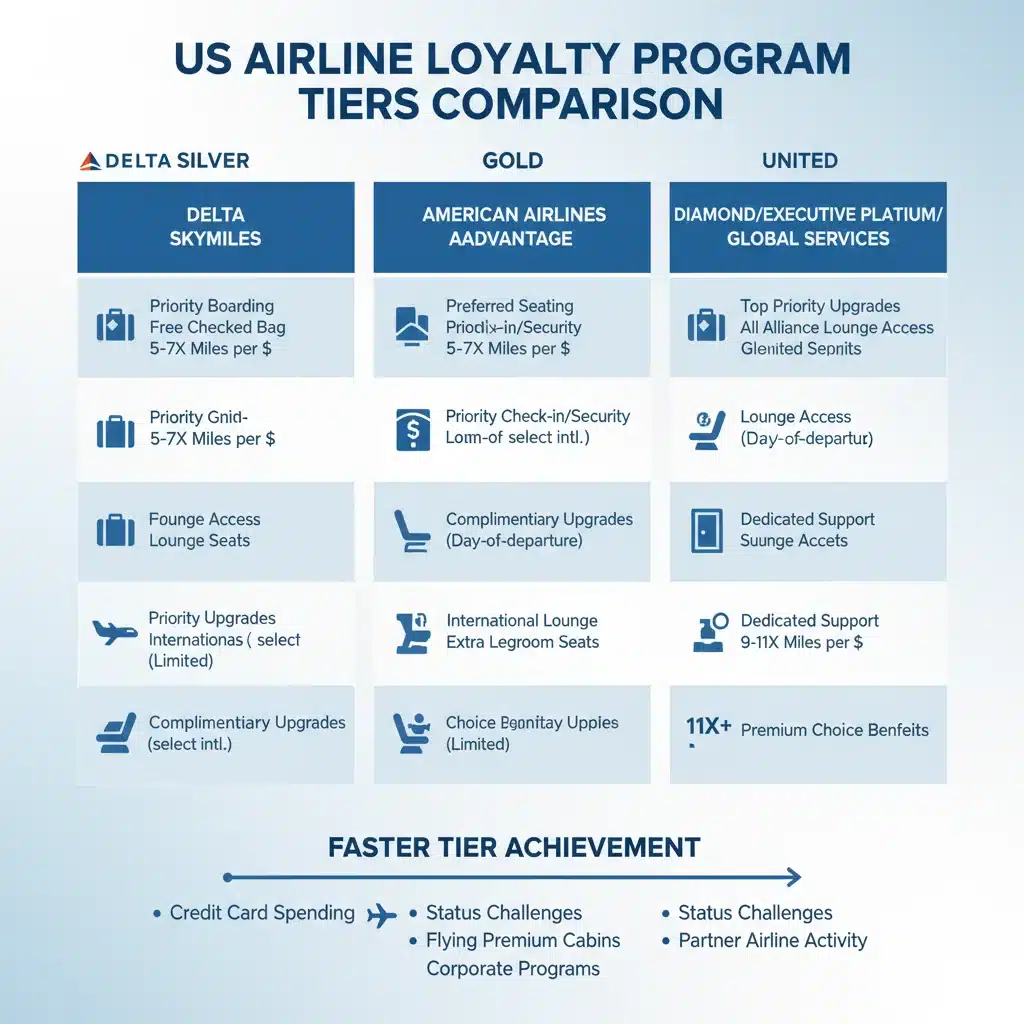 Infographic comparing airline loyalty program benefits and faster elite status pathways.