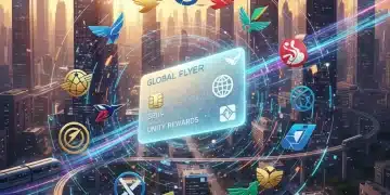 Futuristic airline loyalty card with converging airline logos and data streams