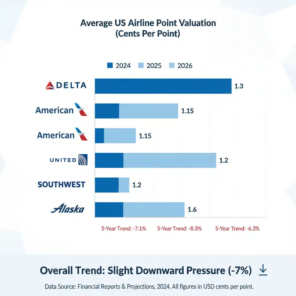 Infographic showing declining point values across major US airlines 2024-2026