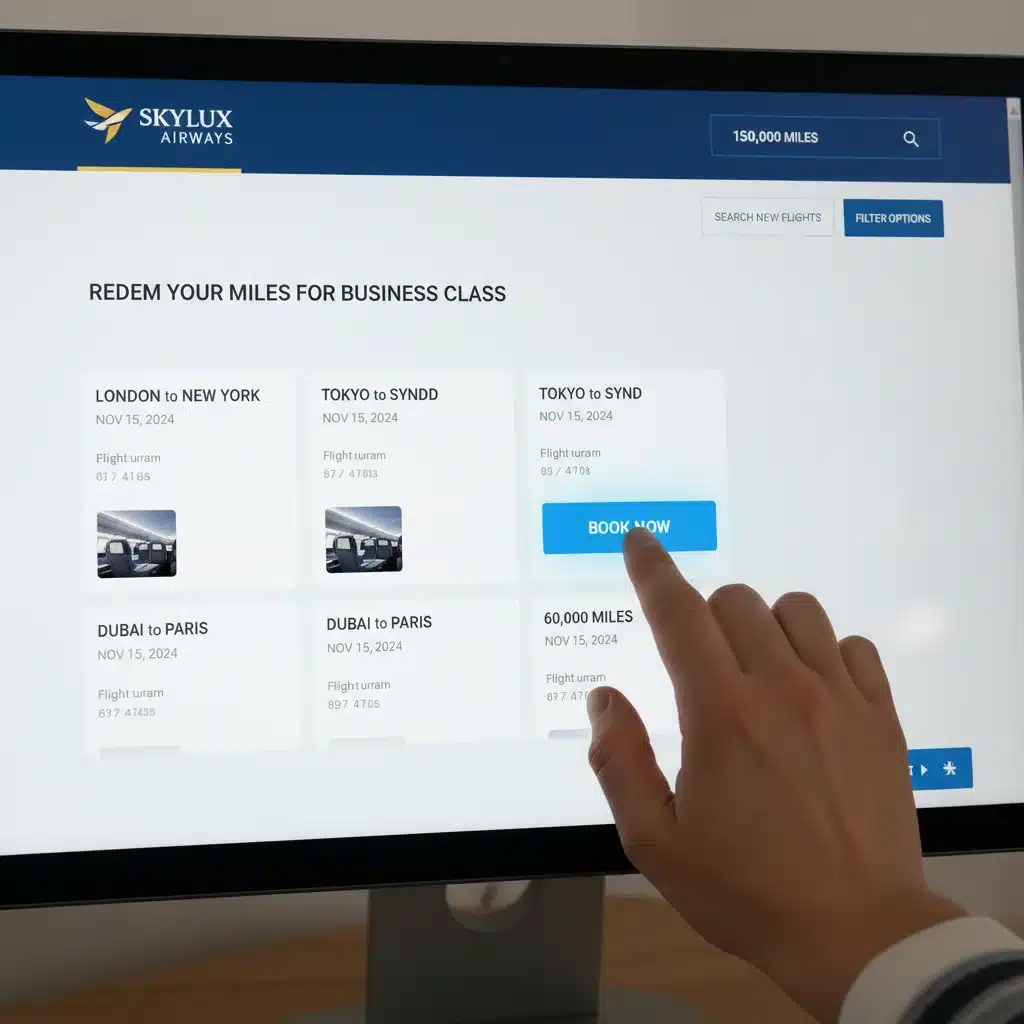 Airline rewards redemption portal showing business class flight options and points cost.