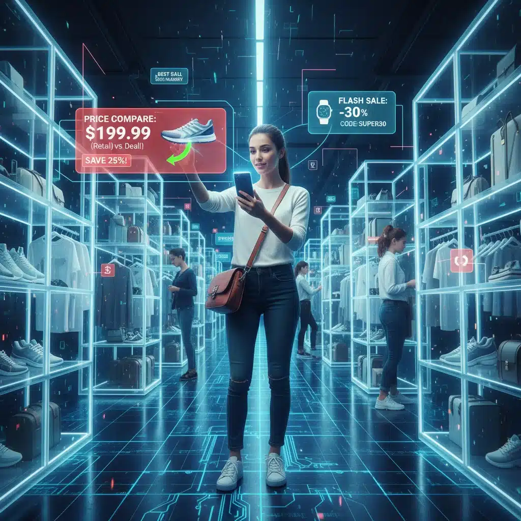 Mobile shopper using augmented reality for real-time price comparison and deal discovery.