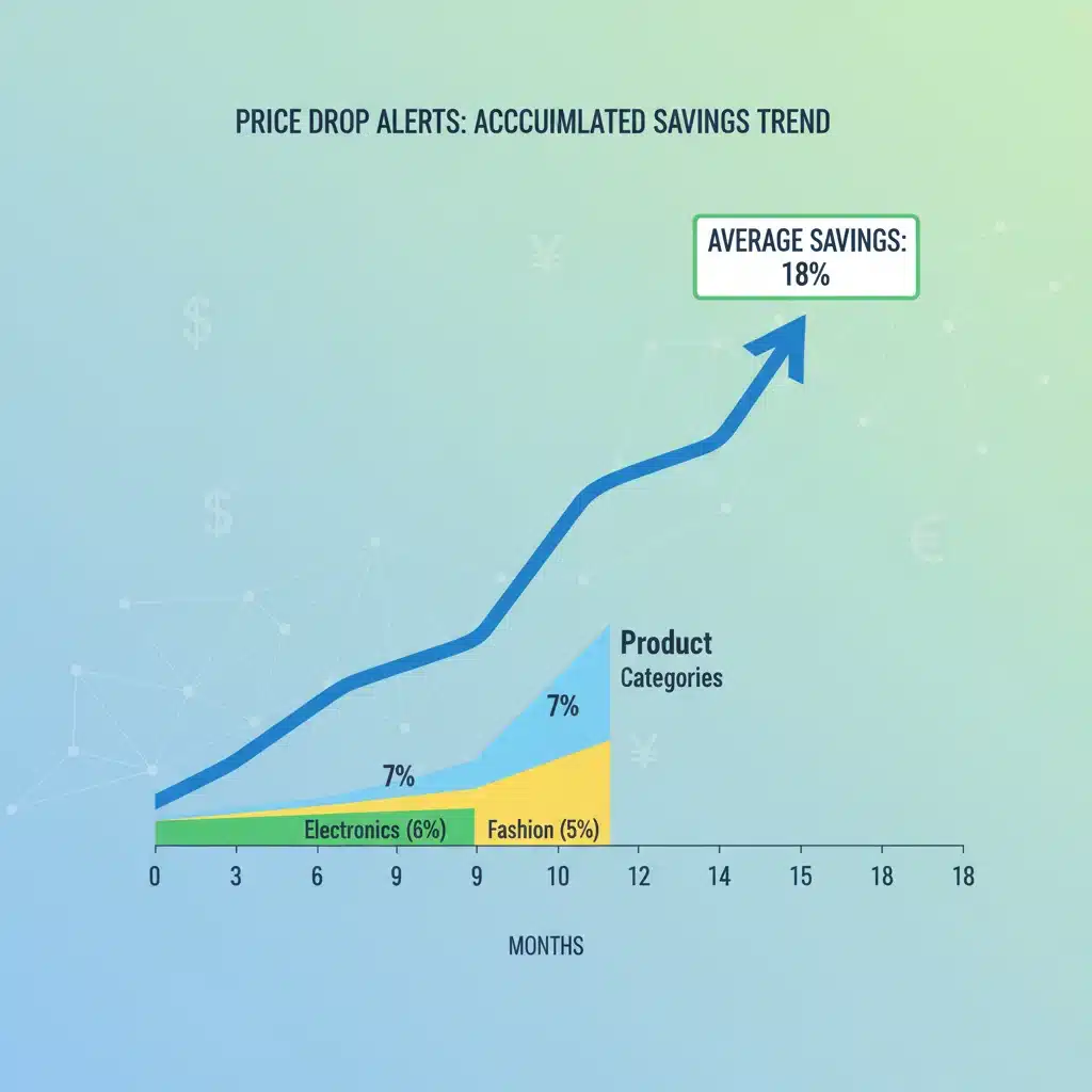 Graph showing average 18% savings over time from using price drop alerts across different product categories.
