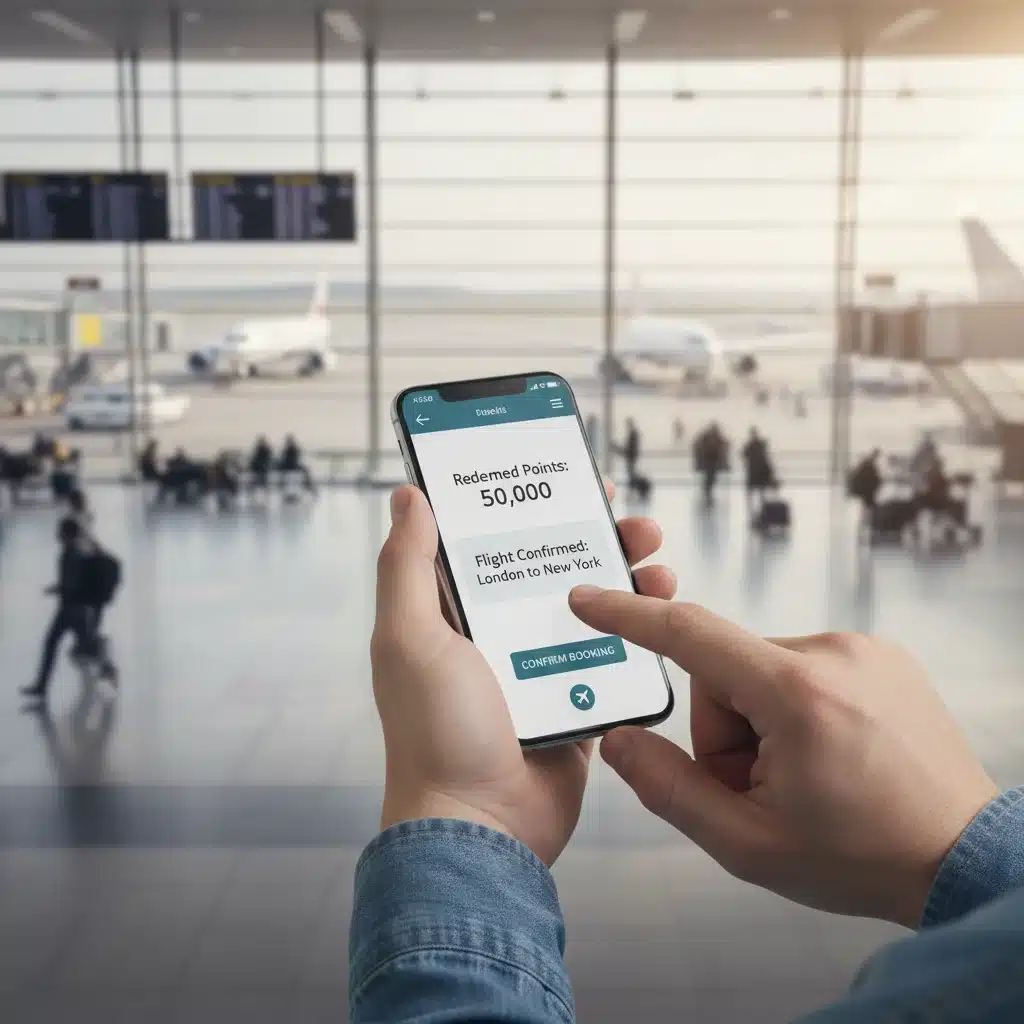 Traveler booking flight on smartphone, redeeming points for travel.