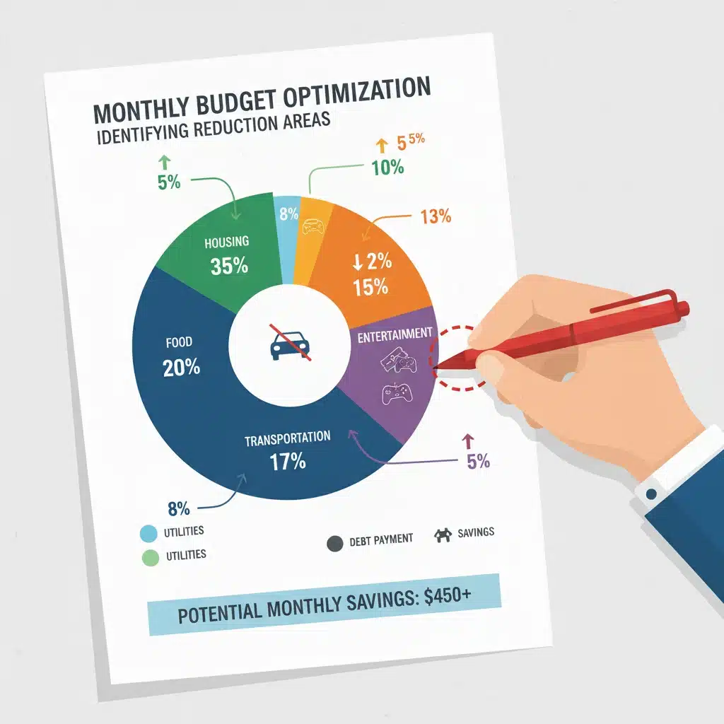 Detailed budget breakdown graphic with categories and percentages, highlighting areas for expense reduction in household spending.