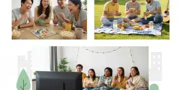 Friends enjoying various budget-friendly entertainment activities together, smiling and laughing.