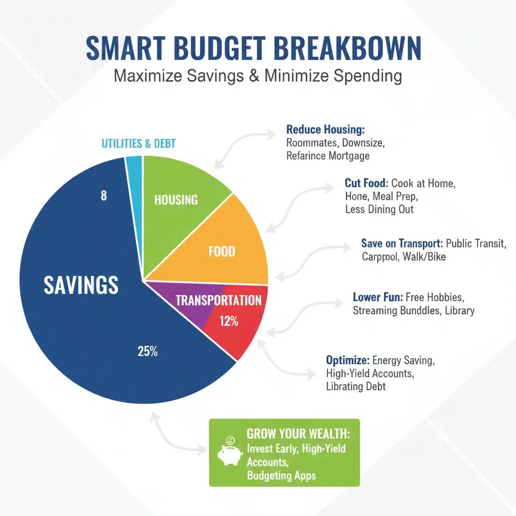 Infographic illustrating a balanced budget pie chart with a dedicated savings portion.