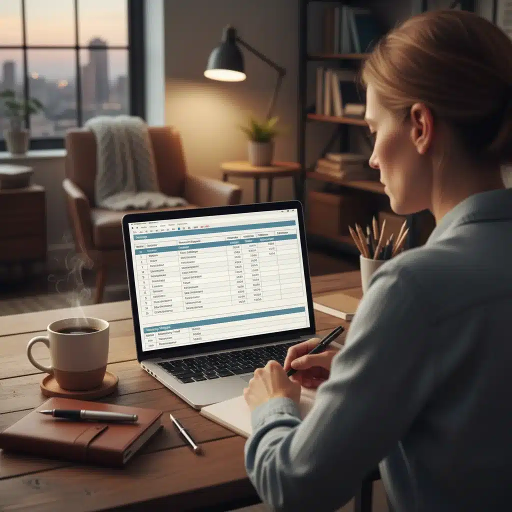 Person reviewing a detailed budget spreadsheet on a laptop, demonstrating financial planning and tracking expenses.