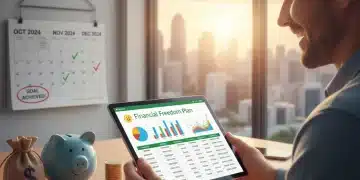 Person smiling at budget spreadsheet, showing financial planning and savings.