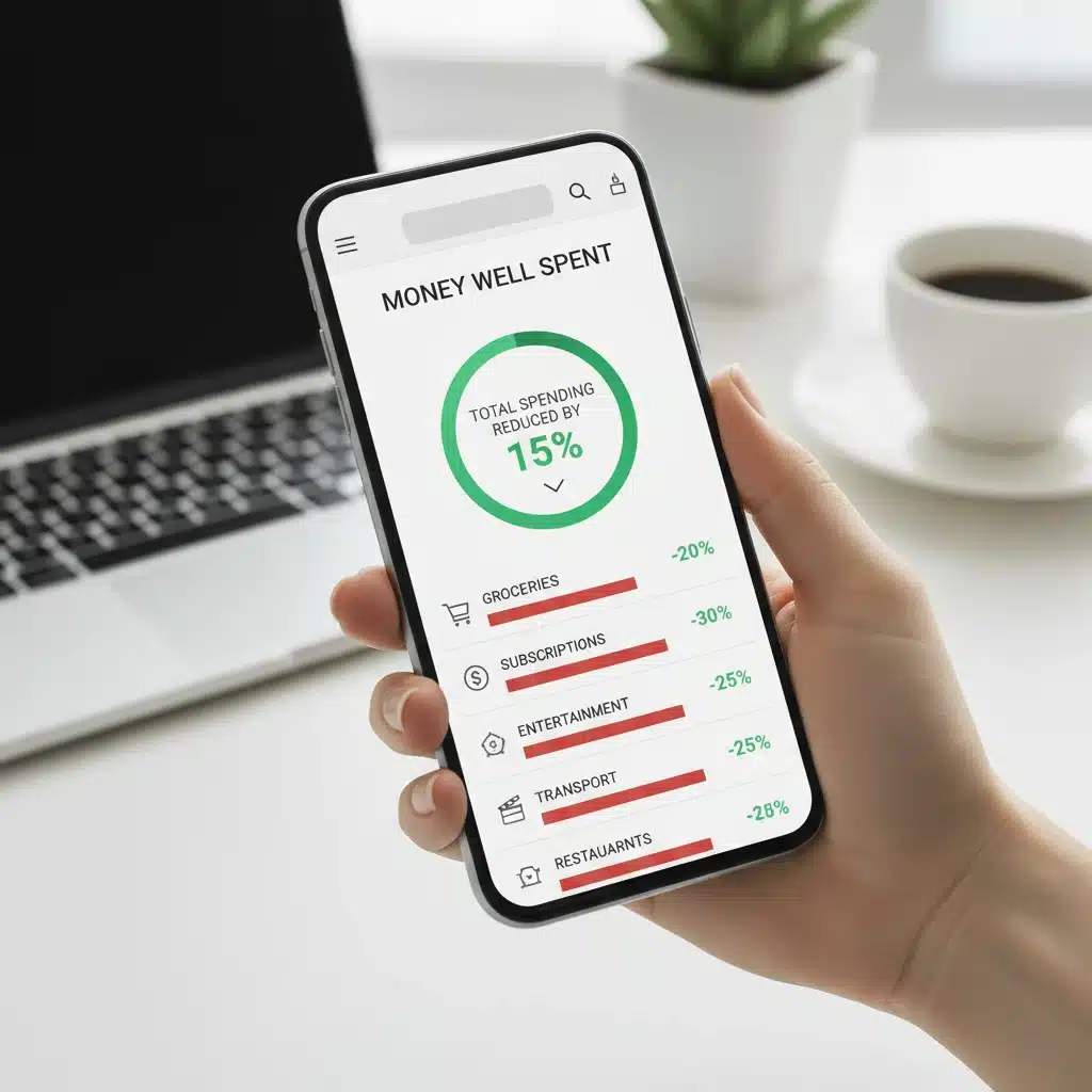 Smartphone displaying budgeting app with reduced expenses