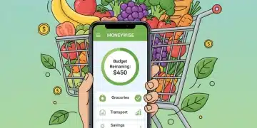 Smartphone showing budgeting app with groceries in a shopping cart
