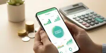 Hands using budgeting app on smartphone with coins and calculator