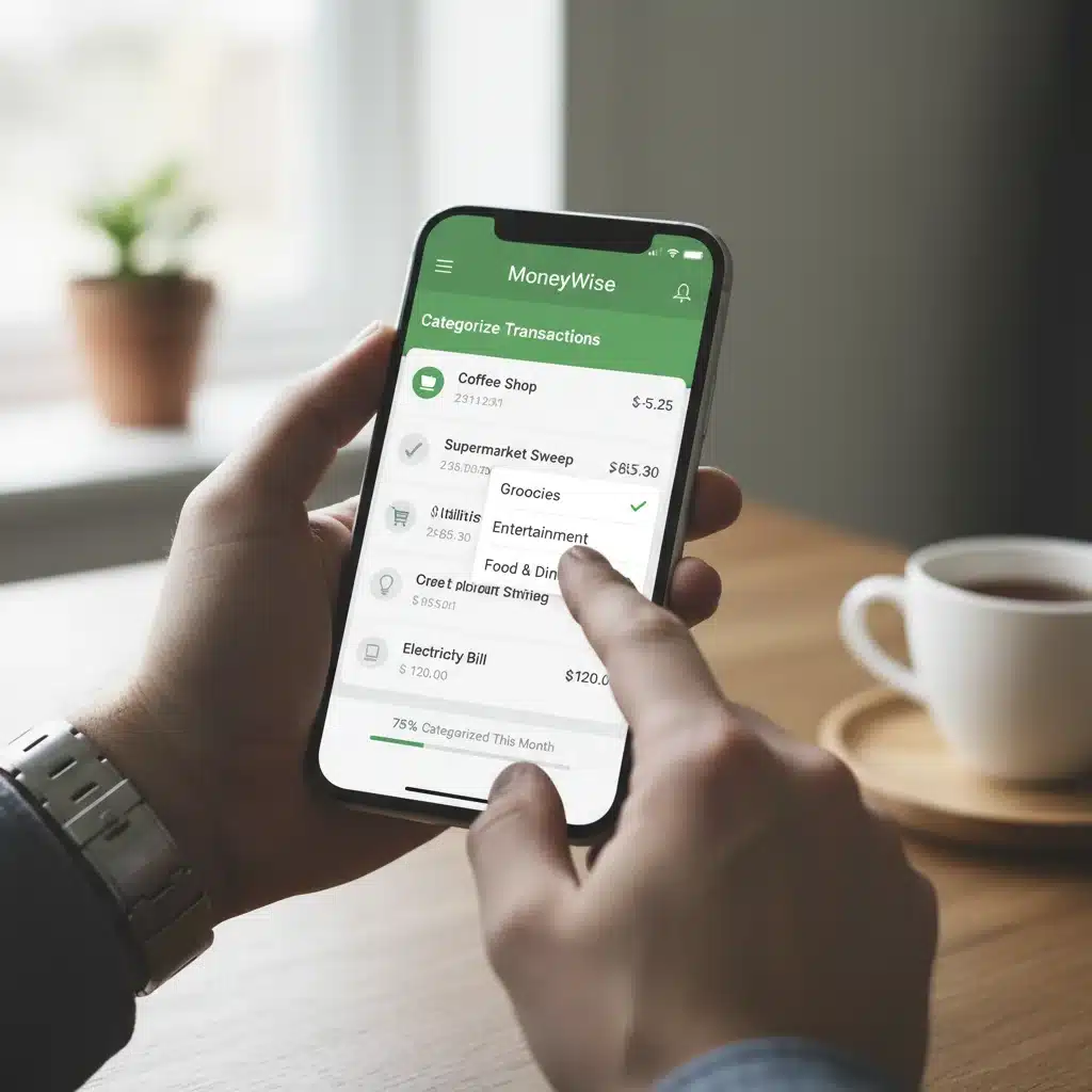Hand using budgeting app to categorize expenses