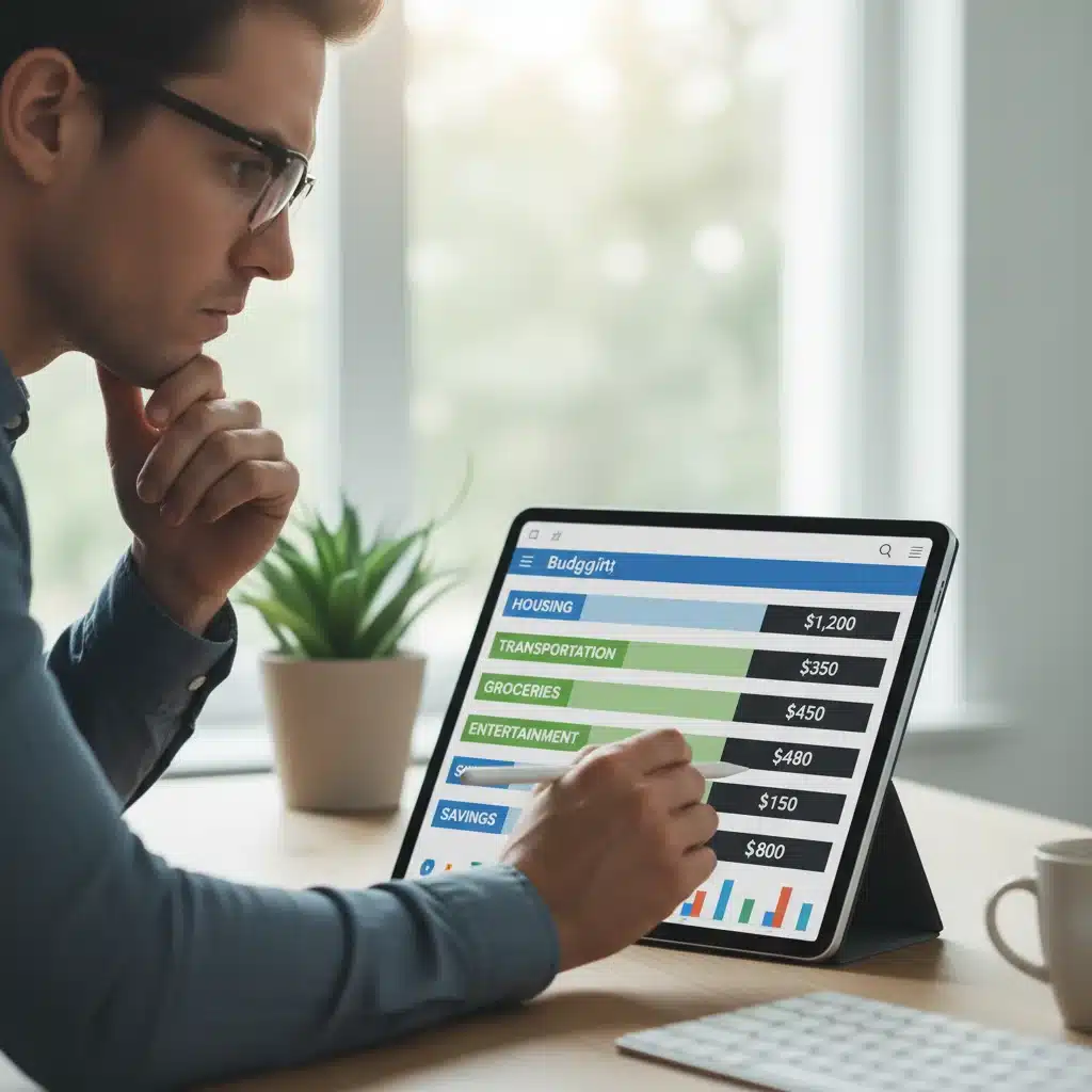 Individual meticulously categorizing expenses in a digital budgeting app