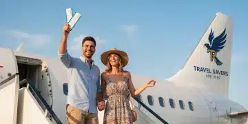 Couple boarding plane with companion pass for 50% flight savings