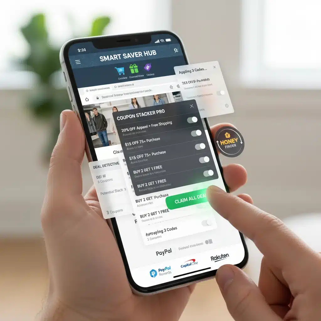 Smartphone screen showing coupon aggregator apps and browser extensions for digital coupon stacking.