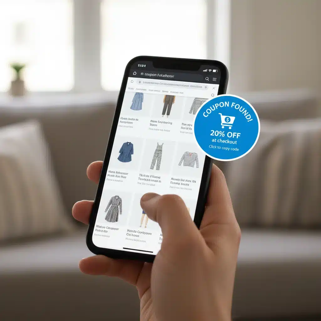 Smartphone displaying a browser extension notification for a coupon code discovery.