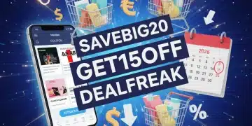 Digital coupon codes and shopping carts with discount symbols, representing online savings in 2026.