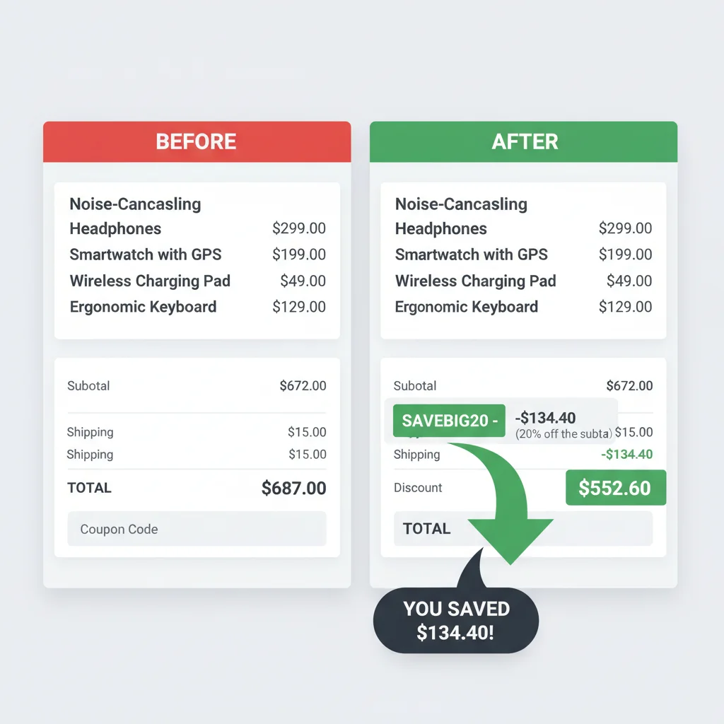 Shopping cart totals before and after applying a coupon code, demonstrating financial savings.