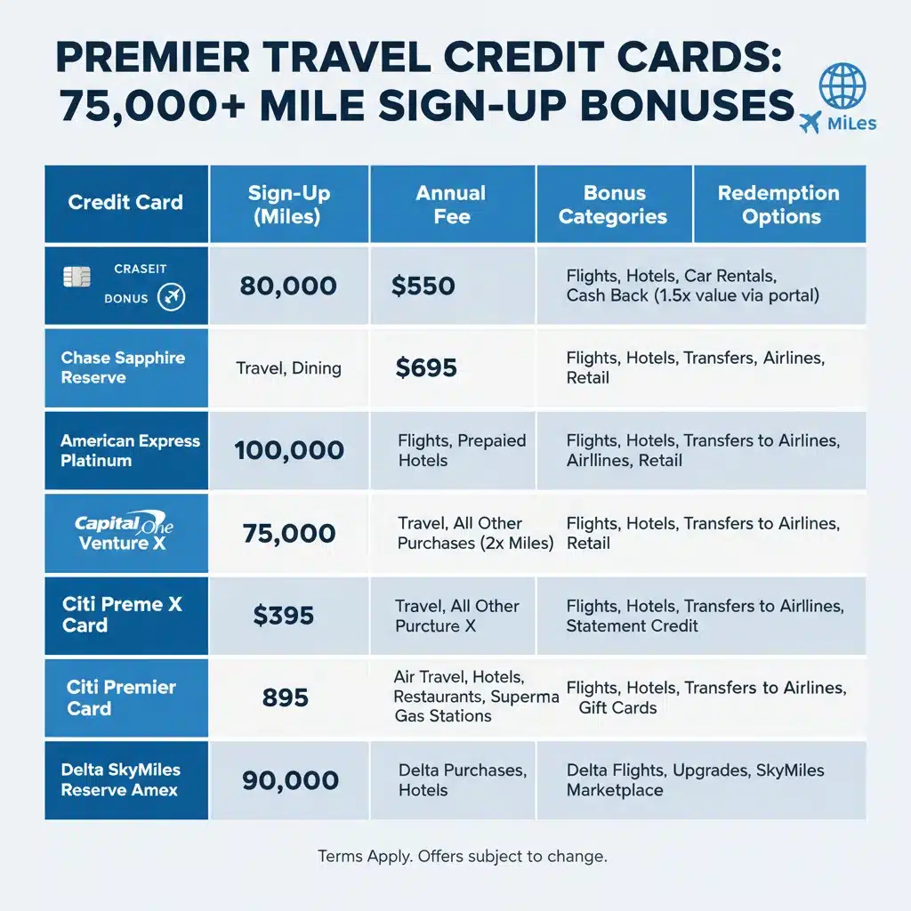 Infographic comparing 2026 travel credit card sign-up bonuses and benefits