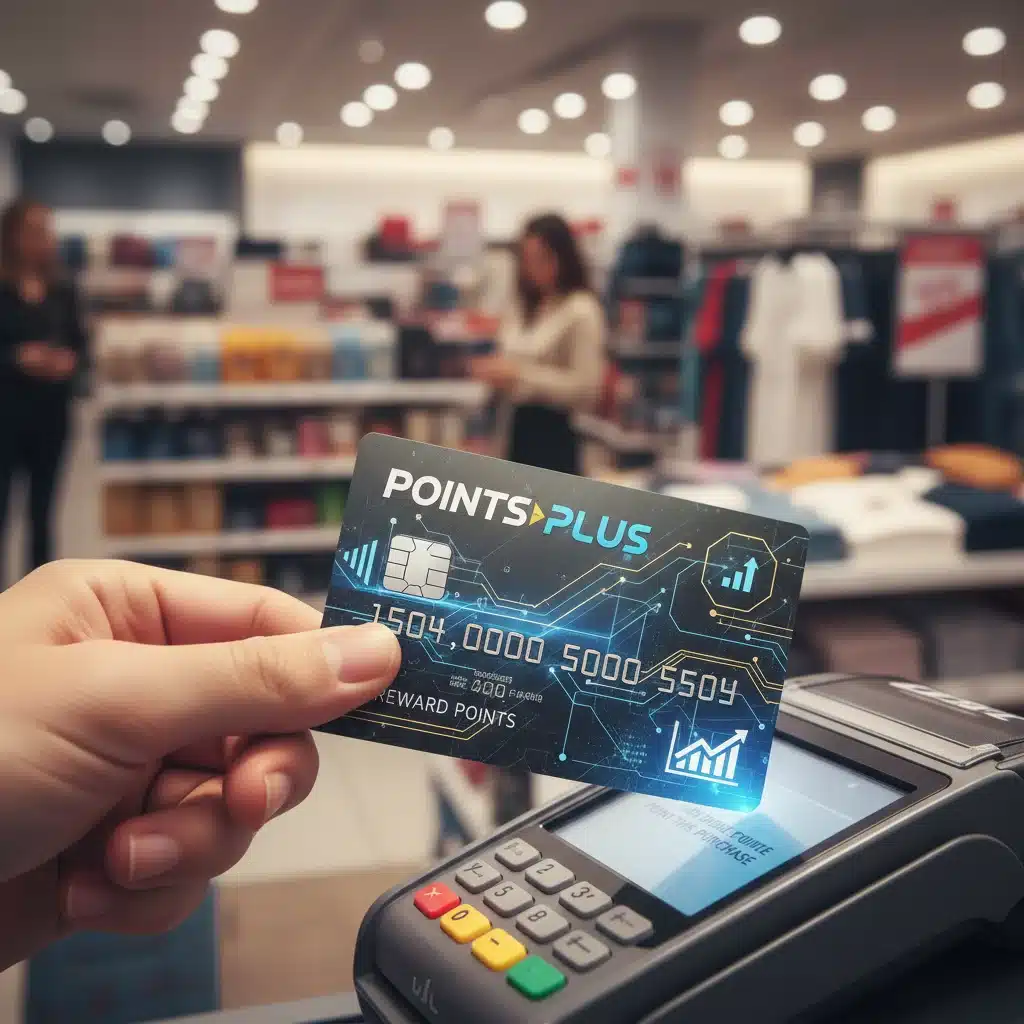 Credit card in hand making a purchase, illustrating points accumulation for travel rewards.