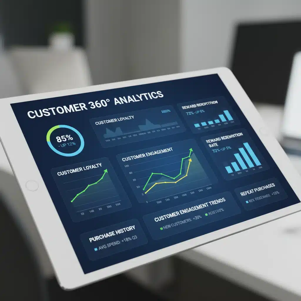 Tablet screen showing CRM analytics for customer loyalty programs.