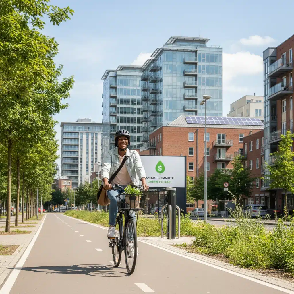 Person cycling for eco-friendly and cost-effective commute.
