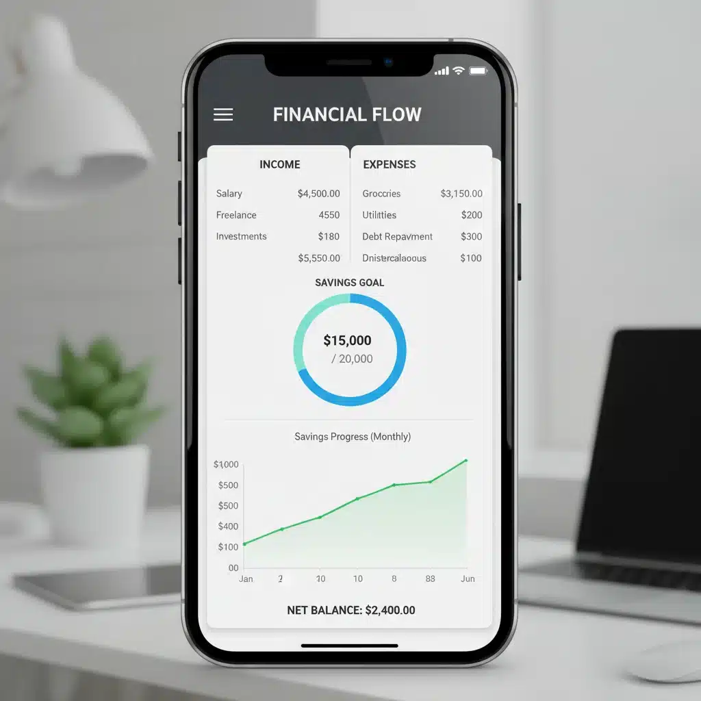Digital budgeting app showing income and expense tracking