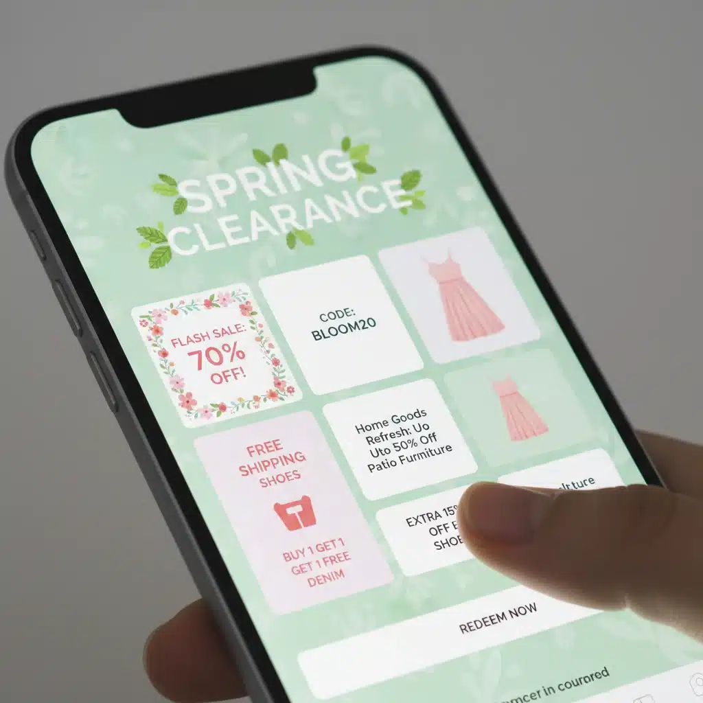 Smartphone displaying digital coupons and flyers for spring clearance deals.
