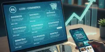 Hands interacting with a laptop, smartphone, and credit cards, surrounded by digital coupon icons, illustrating successful digital coupon stacking in 2026.
