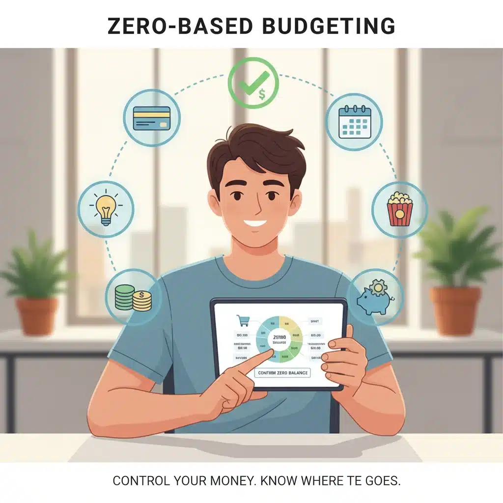 Person tracking expenses digitally with zero-based budgeting app, showing financial control.