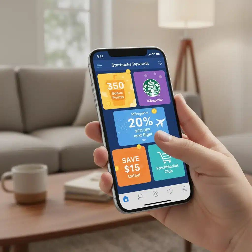 Smartphone screen showing multiple loyalty apps open, demonstrating digital loyalty program management and stacking.