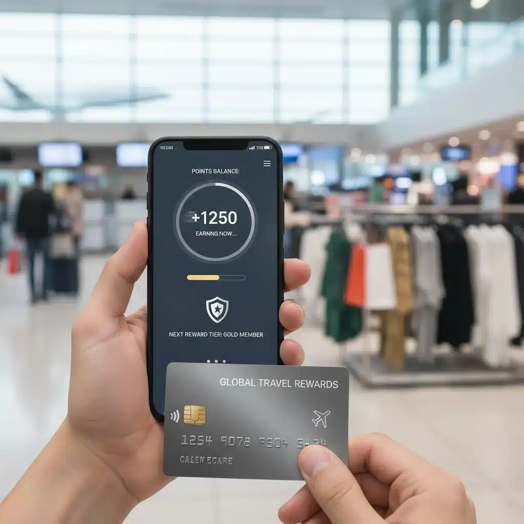 Smartphone displaying loyalty points accumulation with a credit card, symbolizing digital reward earning.