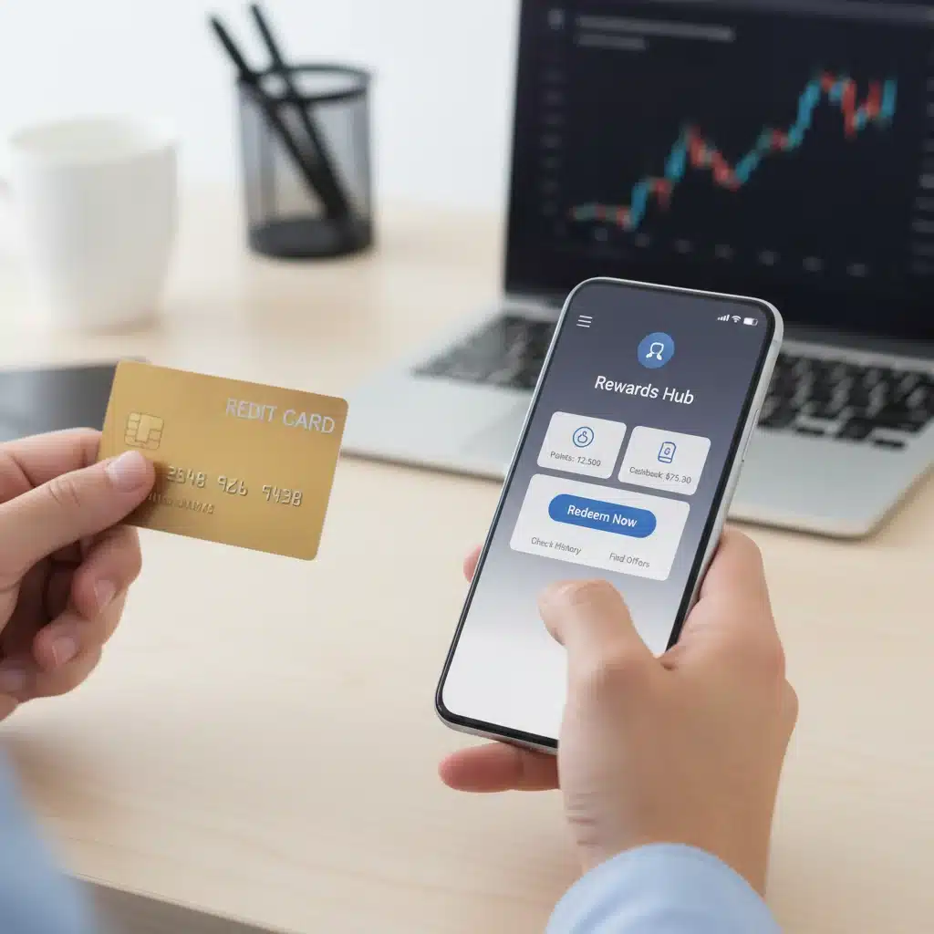 User interacting with a loyalty program mobile app on a smartphone, holding a credit card, emphasizing digital engagement and rewards redemption.