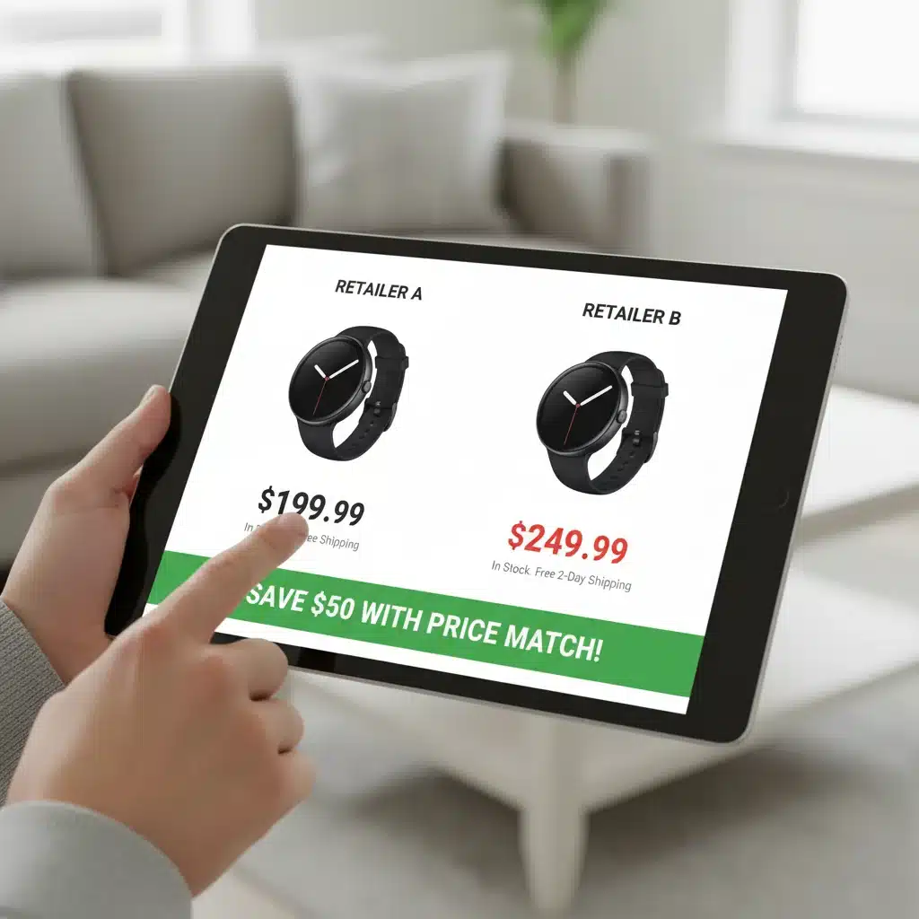 Digital comparison of product prices from different retailers for price matching