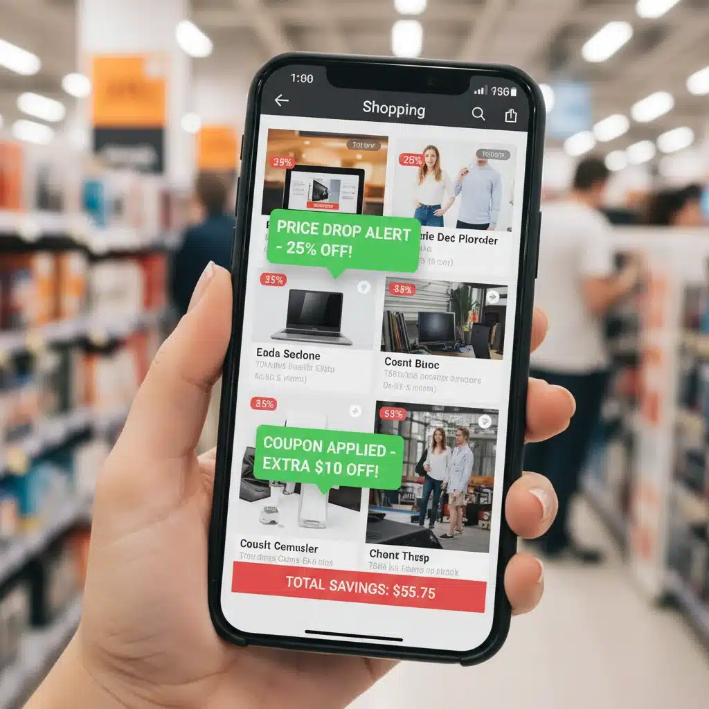 Smartphone displaying price tracking app and digital coupons for savvy clearance shopping.
