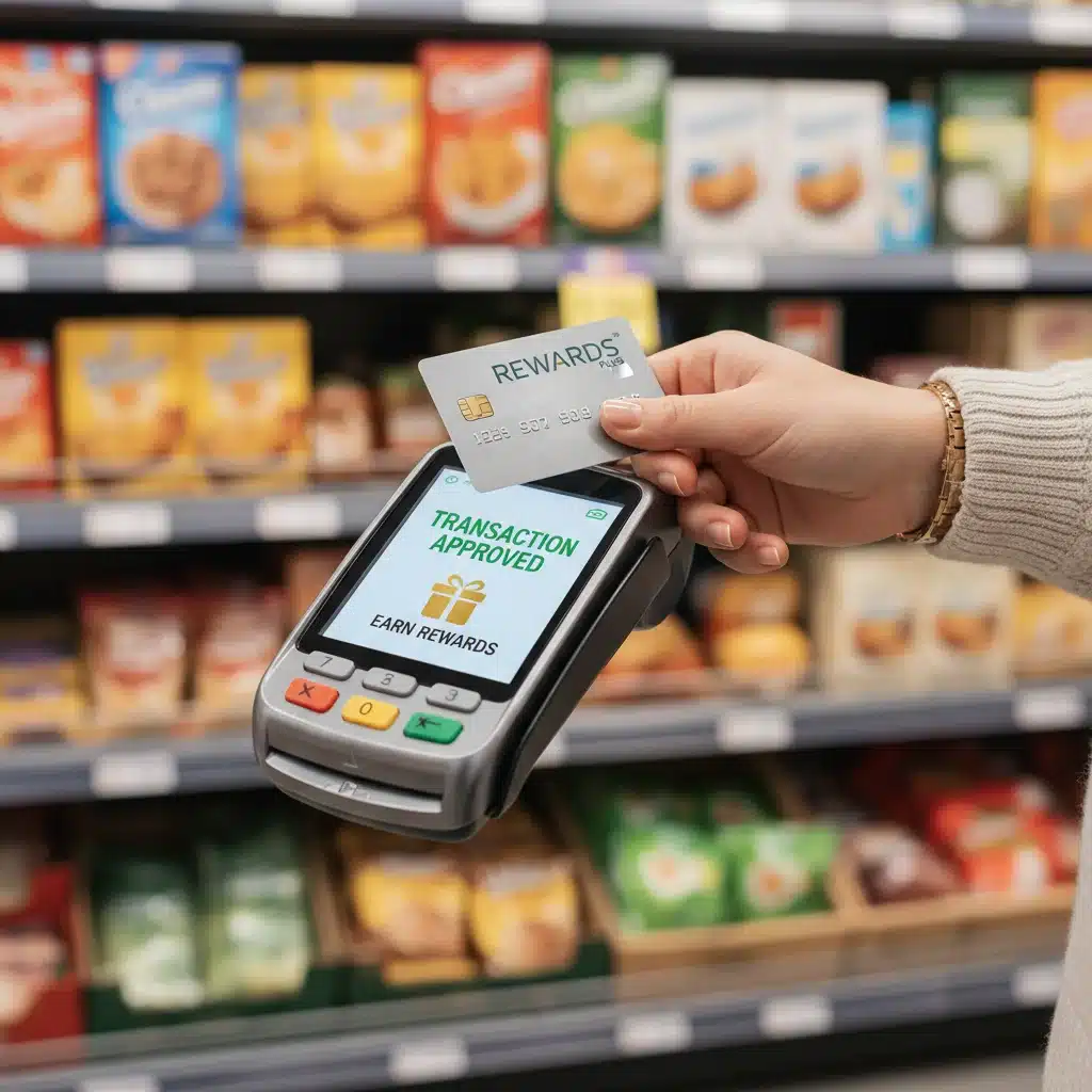 Person using a credit card at a supermarket checkout to earn loyalty rewards.