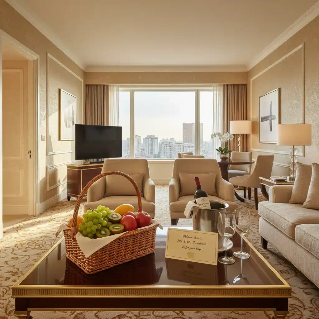 Elegant hotel suite with welcome amenity basket, symbolizing elite loyalty program perks.