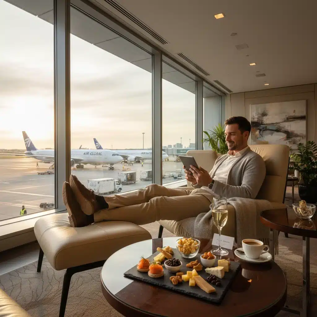 Traveler enjoying exclusive airport lounge benefits with elite airline status