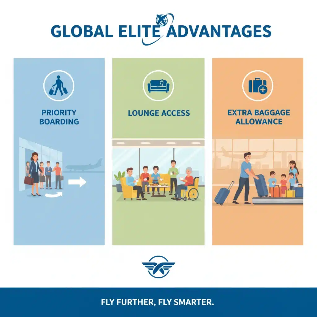 Infographic detailing elite status benefits like lounge access and priority boarding for alliance members.