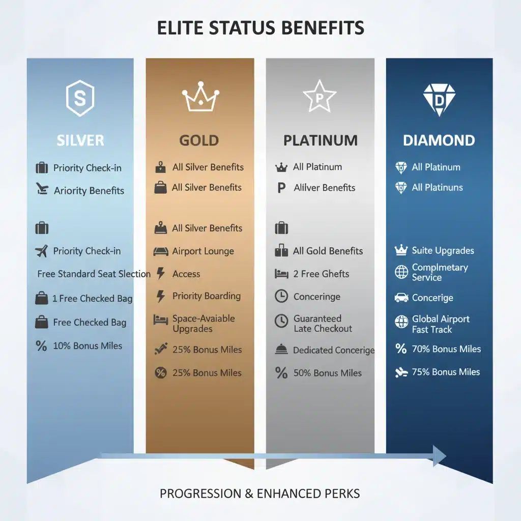 Infographic detailing elite status tiers and benefits in US loyalty programs