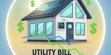 Illustration of a house with energy-saving features and declining utility costs.