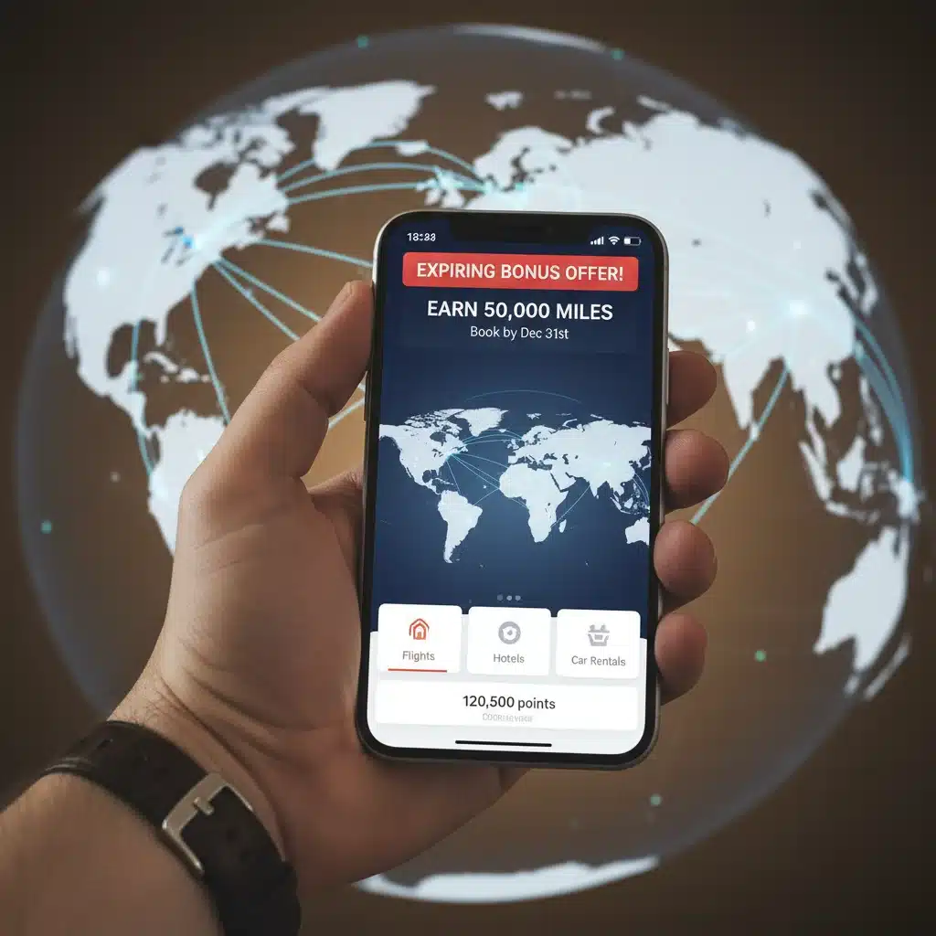 Hand holding smartphone with travel rewards app showing expiring bonus, world map in background.