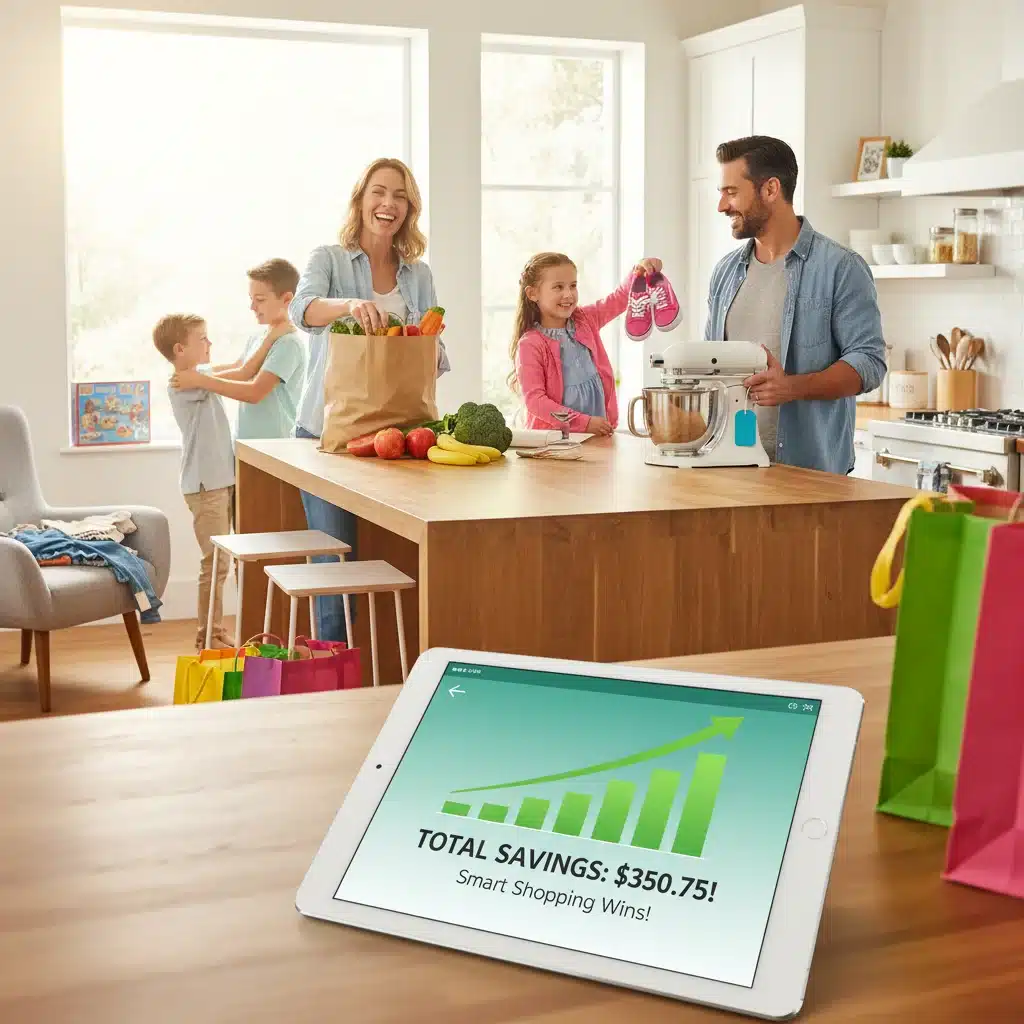 Family enjoying financial benefits and savings from smart shopping practices.